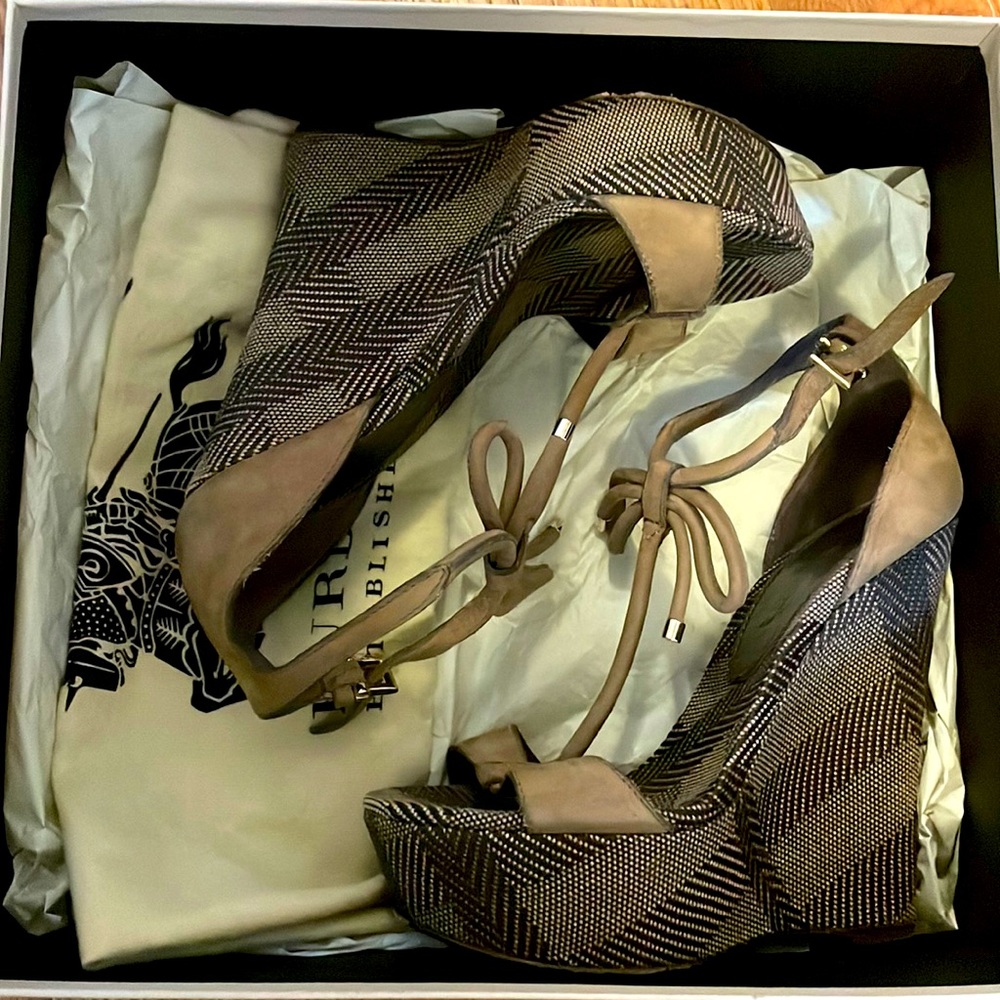 Check canvas jacquard lingards 140 wedge sandal with bow